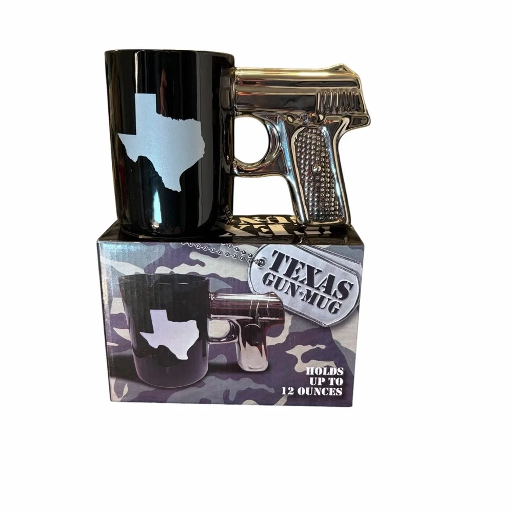 TEXAS GUN MUG BLACK PISTOL HANDLE 12 OZ COFFEE CUP WITH TEXAS GRAPHIC